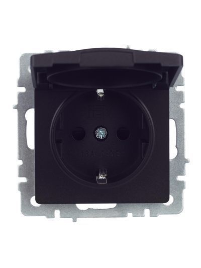 BRITE Розетка 1-местная с заземлением с защитными шторками и крышкой 16А IP44 РСбш10-3-44-БрЧ черный IEK