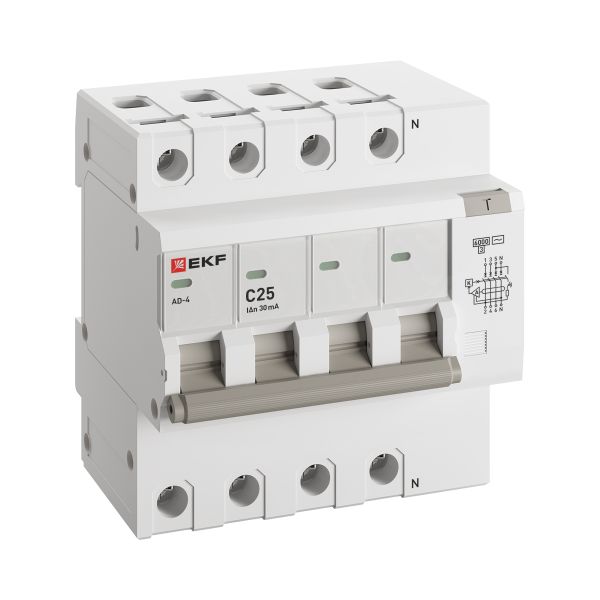 Автоматический выключатель дифференциального тока АД-4 4P 25А характеристика C 30мА тип АС электронный 6кА PROXIMA EKF