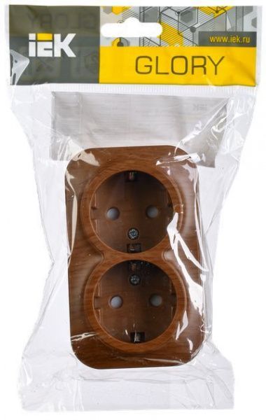 GLORY Розетка 2-местная для открытой установки с заземлением с защитными шторками 16А РСш22-3-ХД дуб IEK