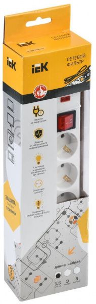Сетевой фильтр СФ-05К 5 мест с заземлением 1,5м 3х1мм2 16А/250В IEK