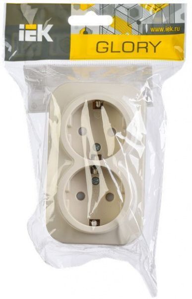 GLORY Розетка 2-местная для открытой установки с заземлением с защитными шторками 16А РСш22-3-ХК кремовый IEK
