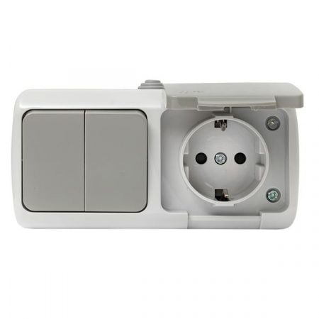 Мурманск Блок розетка 1-м 16А с заземлением с крышкой + 2-кл выключатель IP54 серый EKF