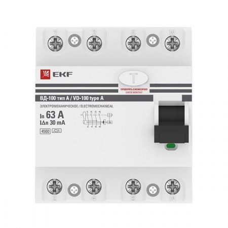 Устройство защитного отключения ВД-100 4P 63А 30мА тип А эл-мех EKF PROxima
