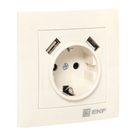 Валенсия розетка 1-местная с/з 16А кремовая с защ. штор. с 2 USB 2,1А EKF PROxima