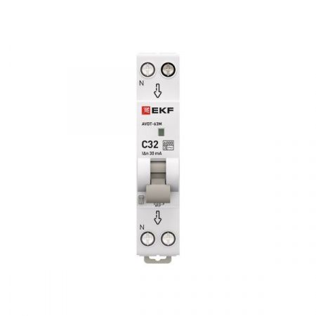 Автоматический выключатель дифференциального тока АВДТ-63М 1P+N 18мм 32А характеристика С 30мА тип AС электронный 6кА PROXIMA EKF